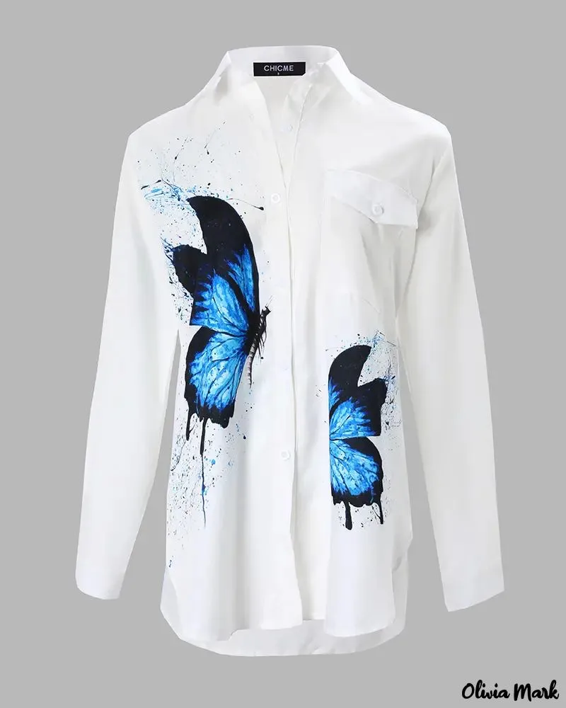 Xieyinshe - Butterfly Print Long Sleeve Button Down Shirt