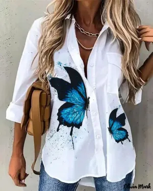 Xieyinshe - Butterfly Print Long Sleeve Button Down Shirt