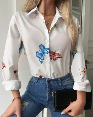Xieyinshe - Butterfly Print Long Sleeve Button Up Top