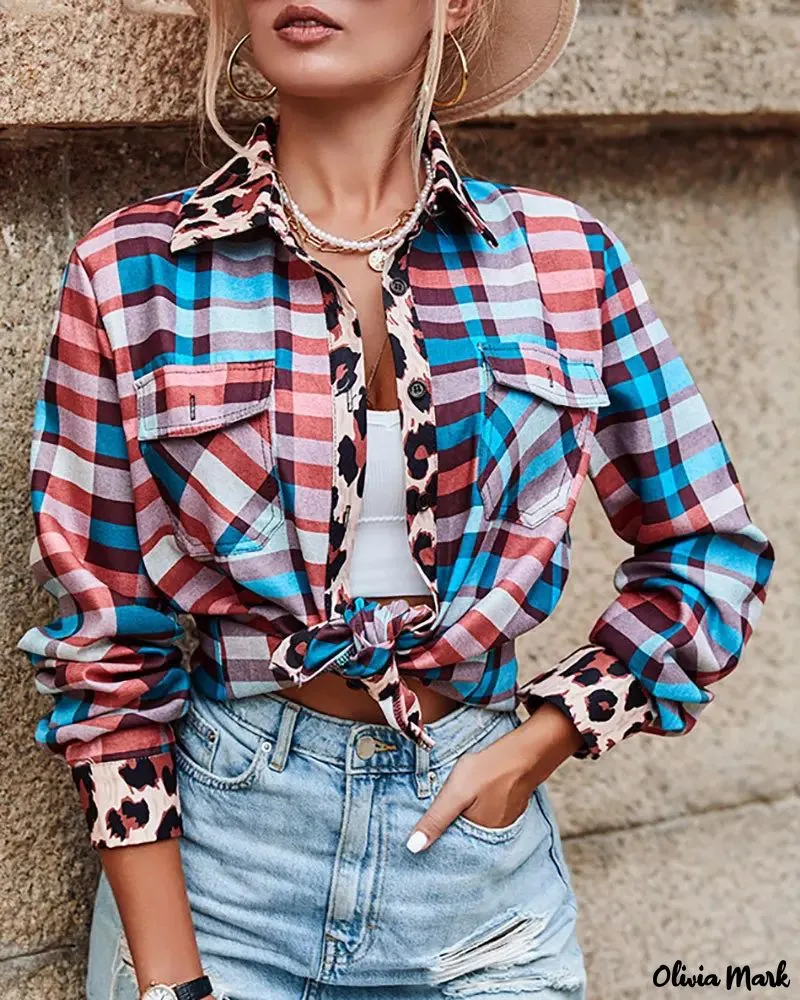 Xieyinshe - Checked Leopard Print Long Sleeve Shirt
