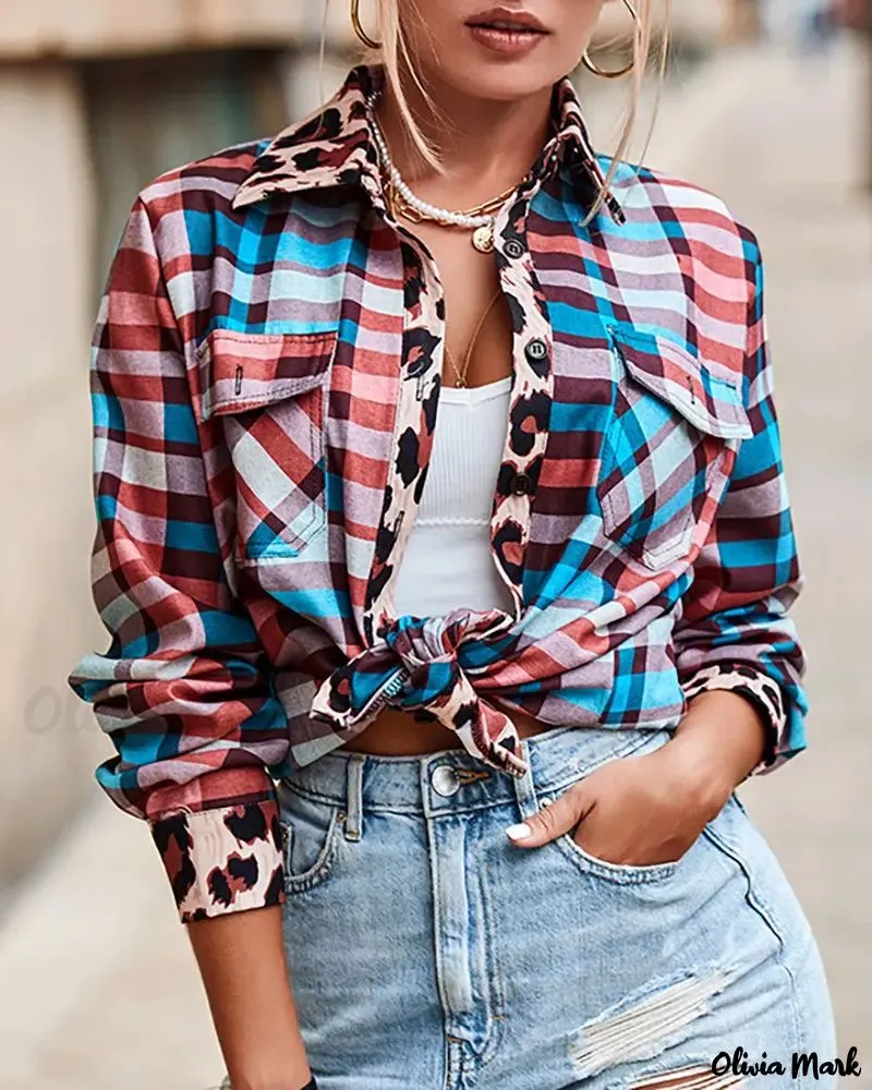 Xieyinshe - Checked Leopard Print Long Sleeve Shirt
