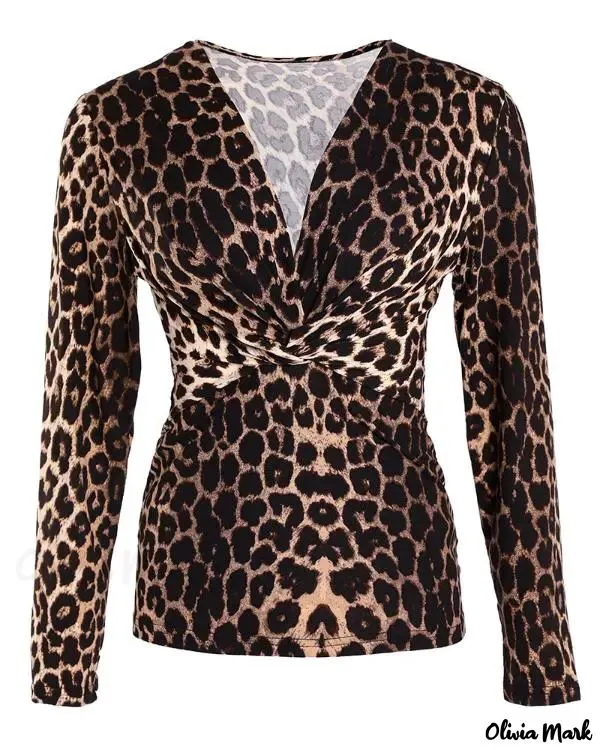 Xieyinshe - Cheetah Print V-Neck Long Sleeve Blouse