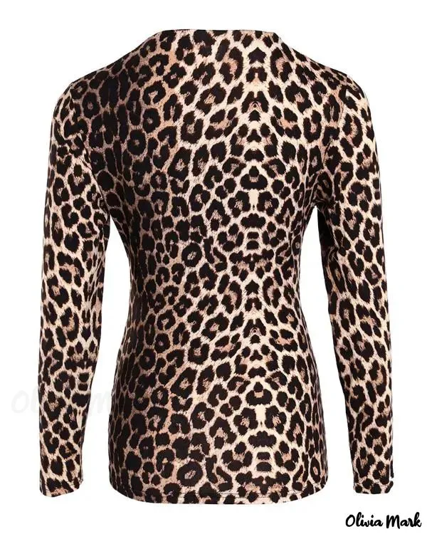 Xieyinshe - Cheetah Print V-Neck Long Sleeve Blouse