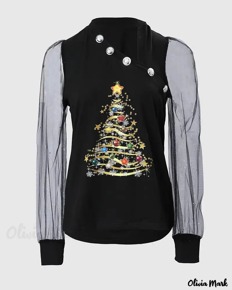 Xieyinshe - Christmas Tree Print Sheer Tulle Long Sleeve Top
