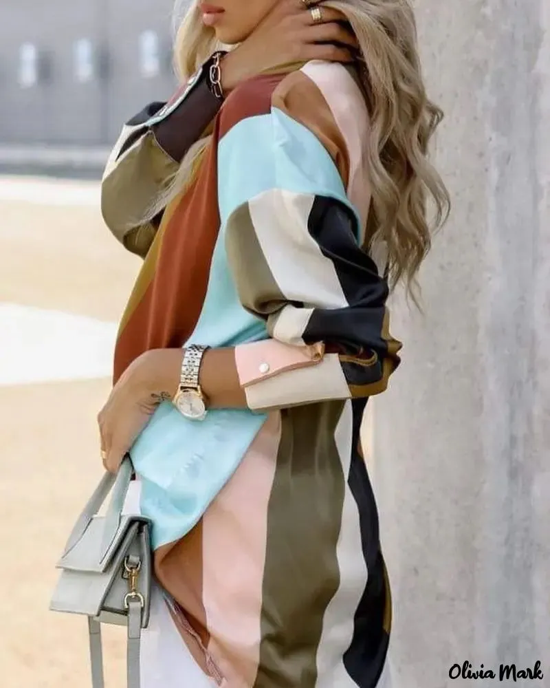 Xieyinshe - Color Block Stripe Long Sleeve Button Down Shirt