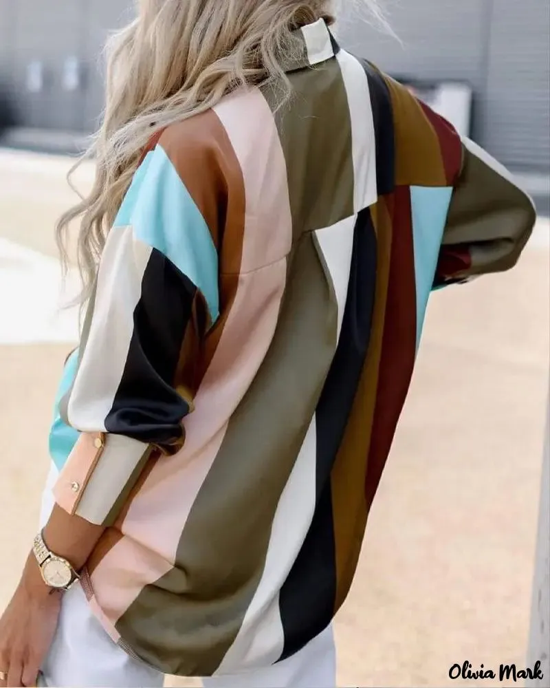 Xieyinshe - Color Block Stripe Long Sleeve Button Down Shirt