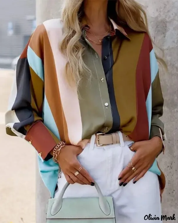 Xieyinshe - Color Block Stripe Long Sleeve Button Down Shirt