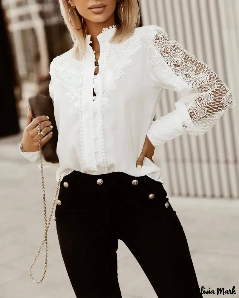 Xieyinshe - Contrast Lace Long Sleeve Shirt