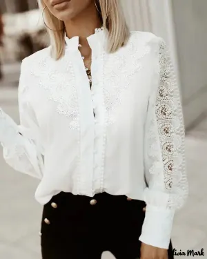 Xieyinshe - Contrast Lace Long Sleeve Shirt