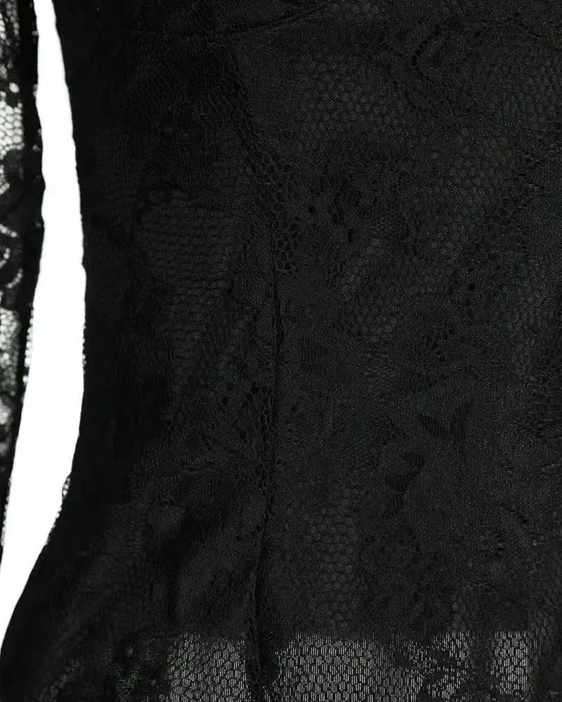 Xieyinshe - Crochet Lace Scallop Trim Long Sleeve Bodycon Top