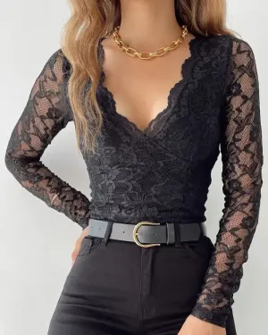 Xieyinshe - Crochet Lace Scallop Trim Long Sleeve Bodycon Top
