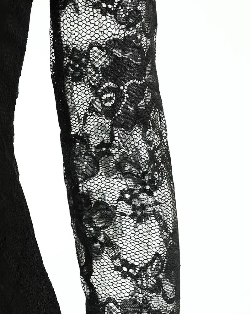 Xieyinshe - Crochet Lace Scallop Trim Long Sleeve Bodycon Top