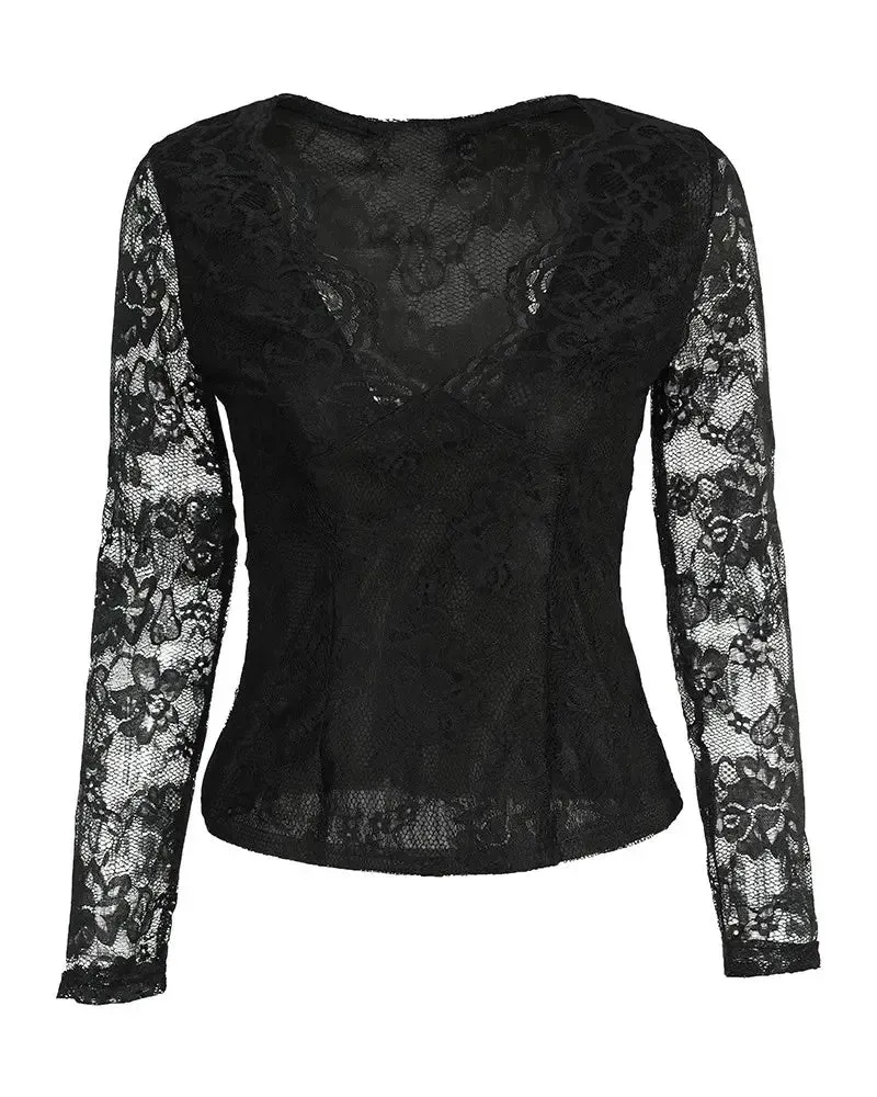 Xieyinshe - Crochet Lace Scallop Trim Long Sleeve Bodycon Top
