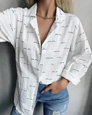 Xieyinshe - Eyelash Print Long Sleeve Button Down Shirt