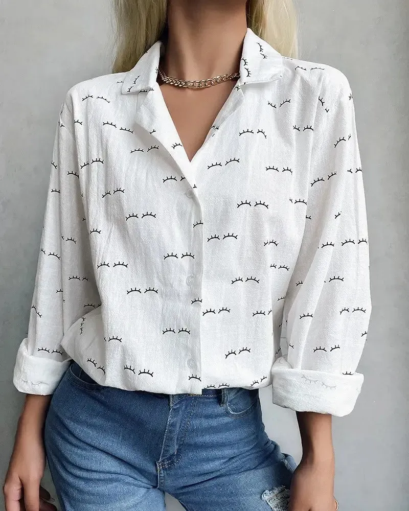 Xieyinshe - Eyelash Print Long Sleeve Button Down Shirt