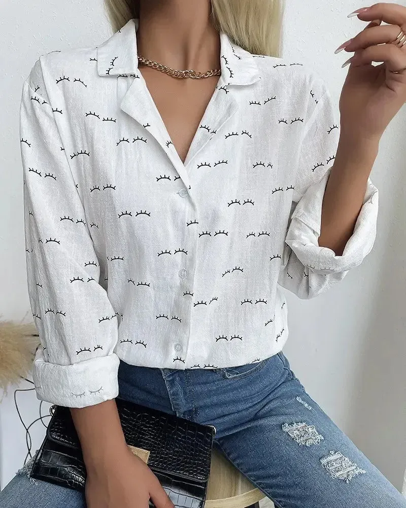 Xieyinshe - Eyelash Print Long Sleeve Button Down Shirt