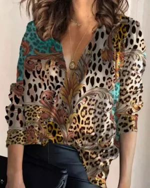 Xieyinshe - Floral Cheetah Print Long Sleeve V-Neck Top