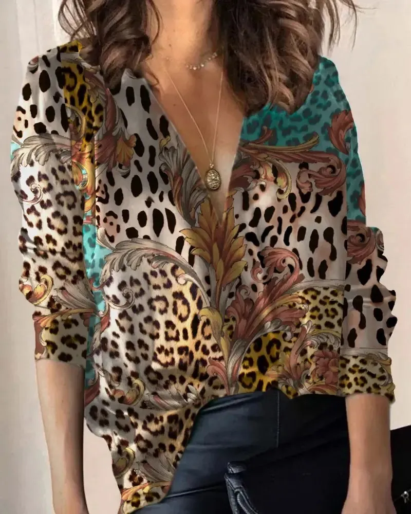 Xieyinshe - Floral Cheetah Print Long Sleeve V-Neck Top