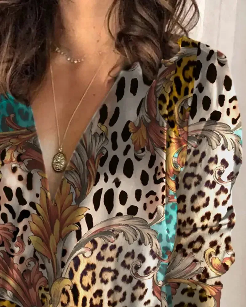 Xieyinshe - Floral Cheetah Print Long Sleeve V-Neck Top