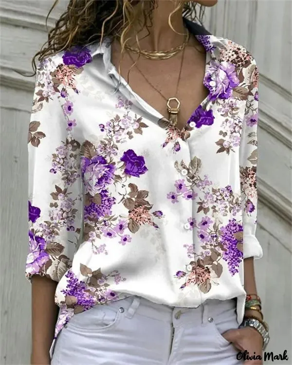 Xieyinshe - Floral Print Long Sleeve Button Down Shirt
