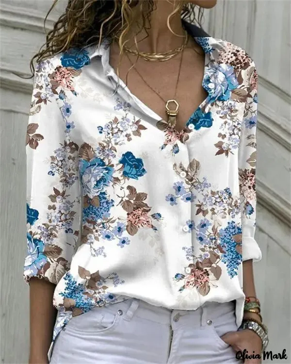 Xieyinshe - Floral Print Long Sleeve Button Down Shirt