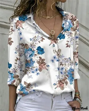 Xieyinshe - Floral Print Long Sleeve Button Down Shirt