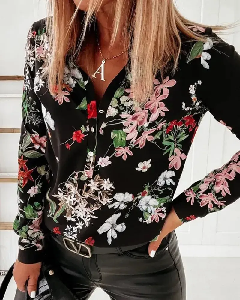 Xieyinshe - Floral Print Long Sleeve Button Up Top