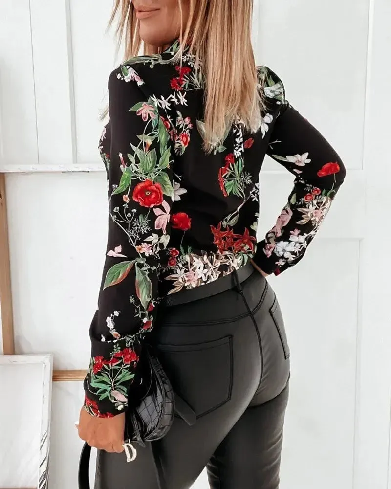 Xieyinshe - Floral Print Long Sleeve Button Up Top