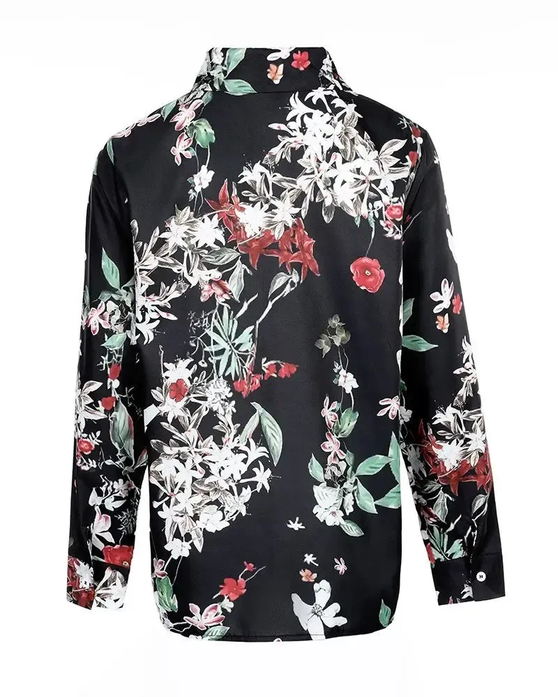 Xieyinshe - Floral Print Long Sleeve Button Up Top