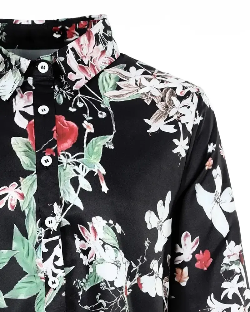 Xieyinshe - Floral Print Long Sleeve Button Up Top