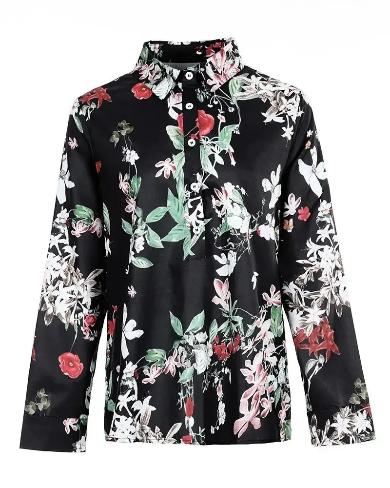 Xieyinshe - Floral Print Long Sleeve Button Up Top