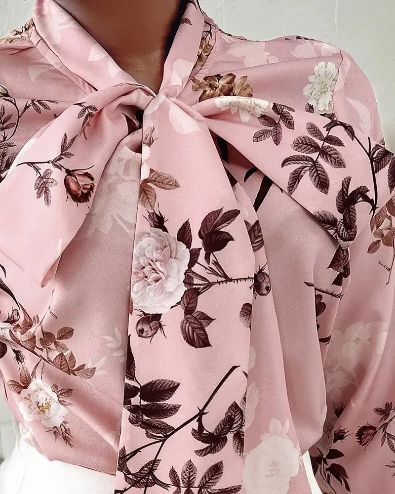 Xieyinshe - Floral Print Tie Neck Long Sleeve Top