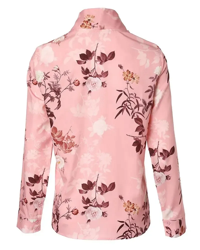 Xieyinshe - Floral Print Tie Neck Long Sleeve Top