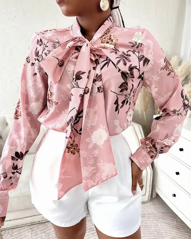 Xieyinshe - Floral Print Tie Neck Long Sleeve Top