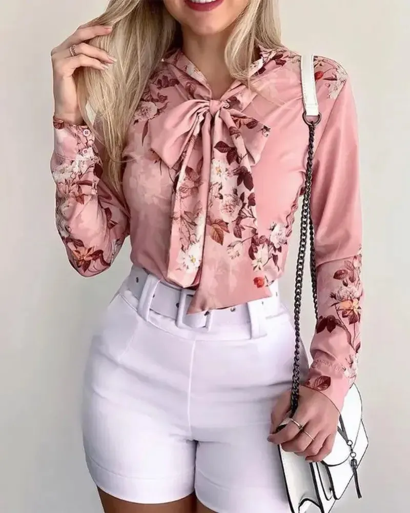 Xieyinshe - Floral Print Tie Neck Long Sleeve Top