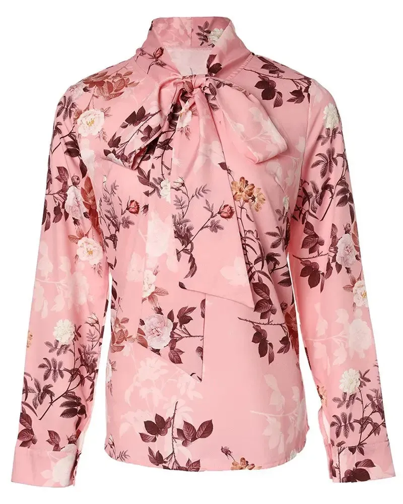 Xieyinshe - Floral Print Tie Neck Long Sleeve Top