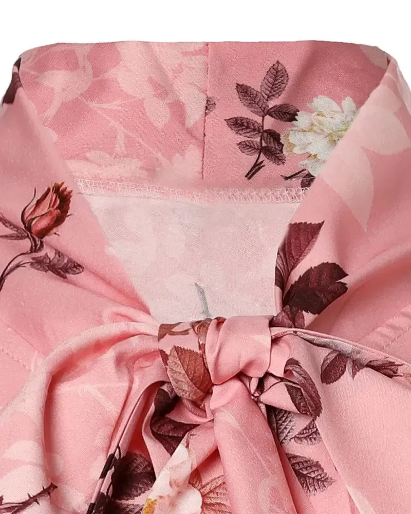 Xieyinshe - Floral Print Tie Neck Long Sleeve Top