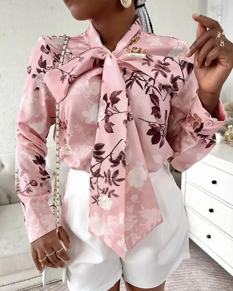 Xieyinshe - Floral Print Tie Neck Long Sleeve Top