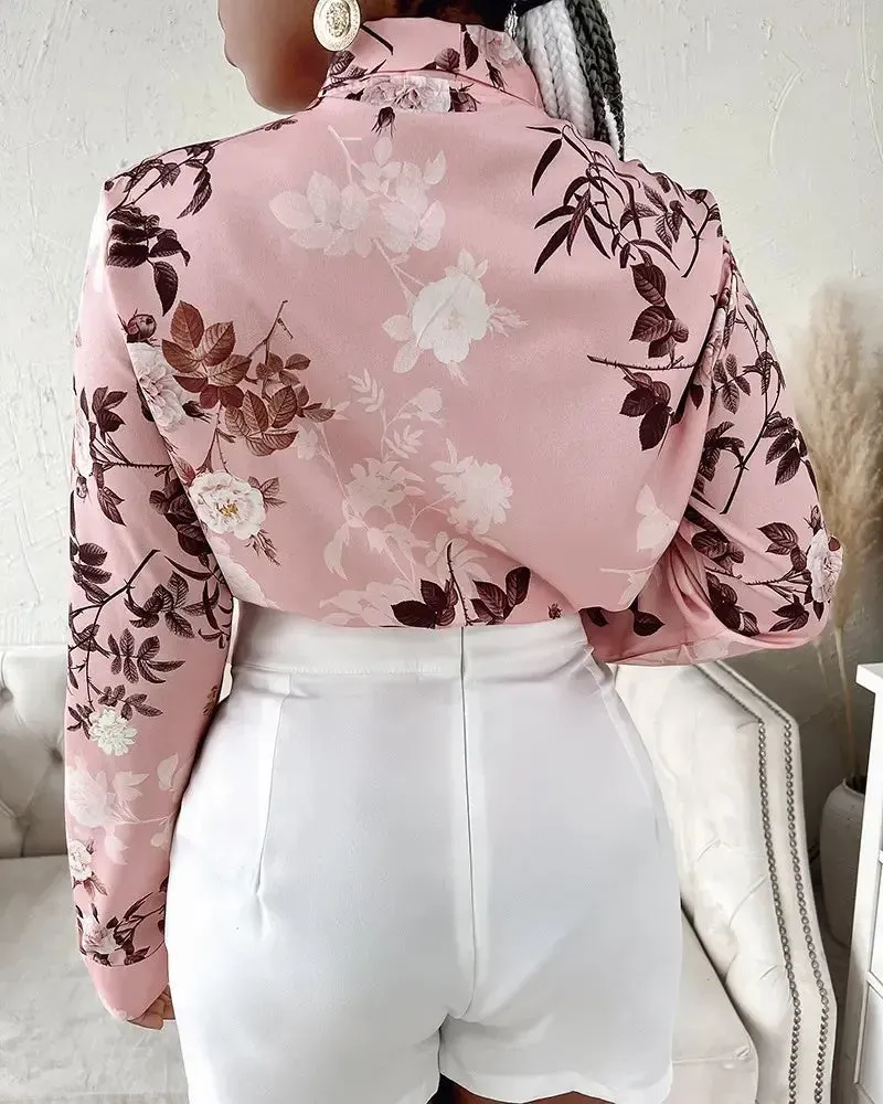 Xieyinshe - Floral Print Tie Neck Long Sleeve Top
