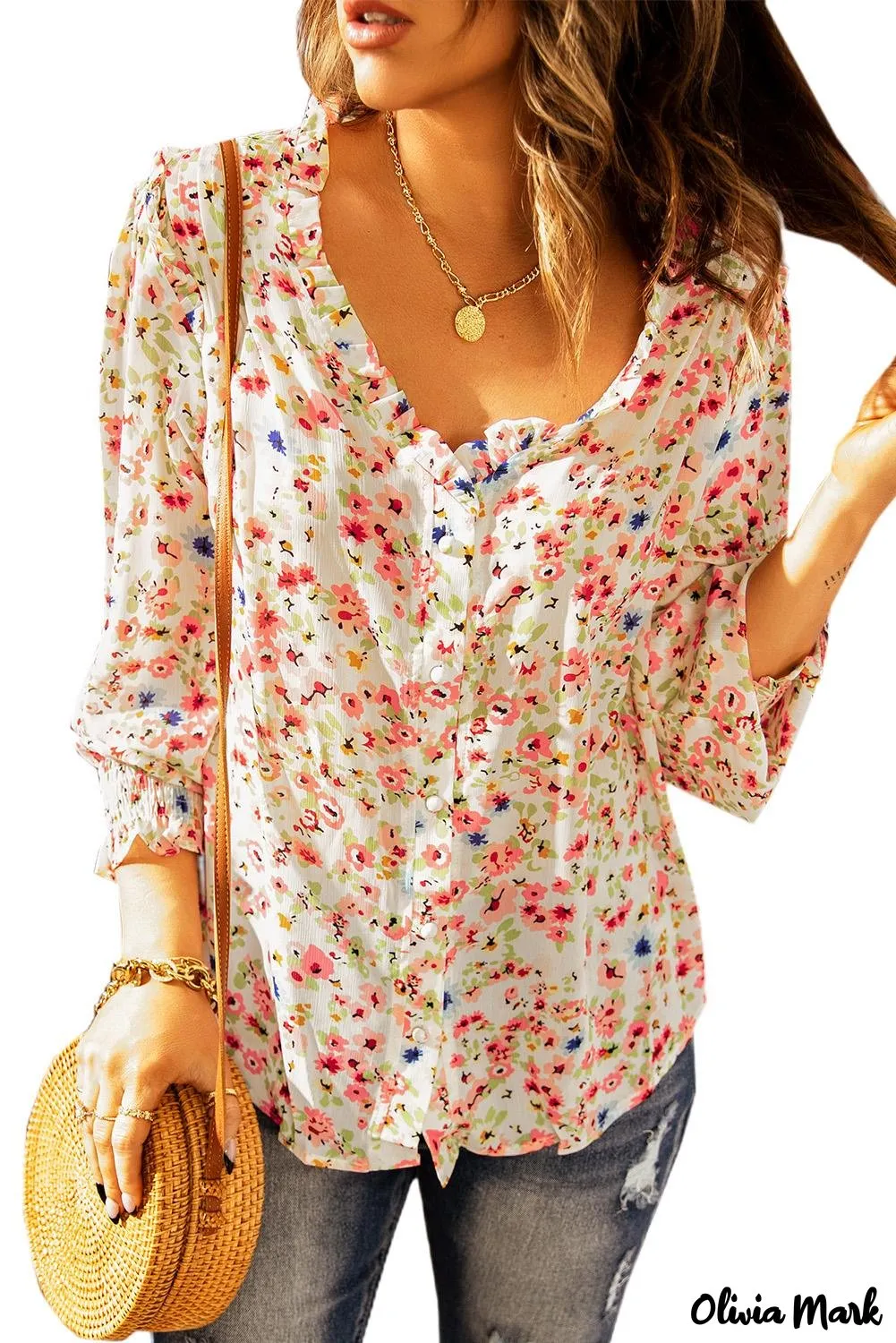 Xieyinshe - Floral Print V-Neck Long Sleeve Shirt