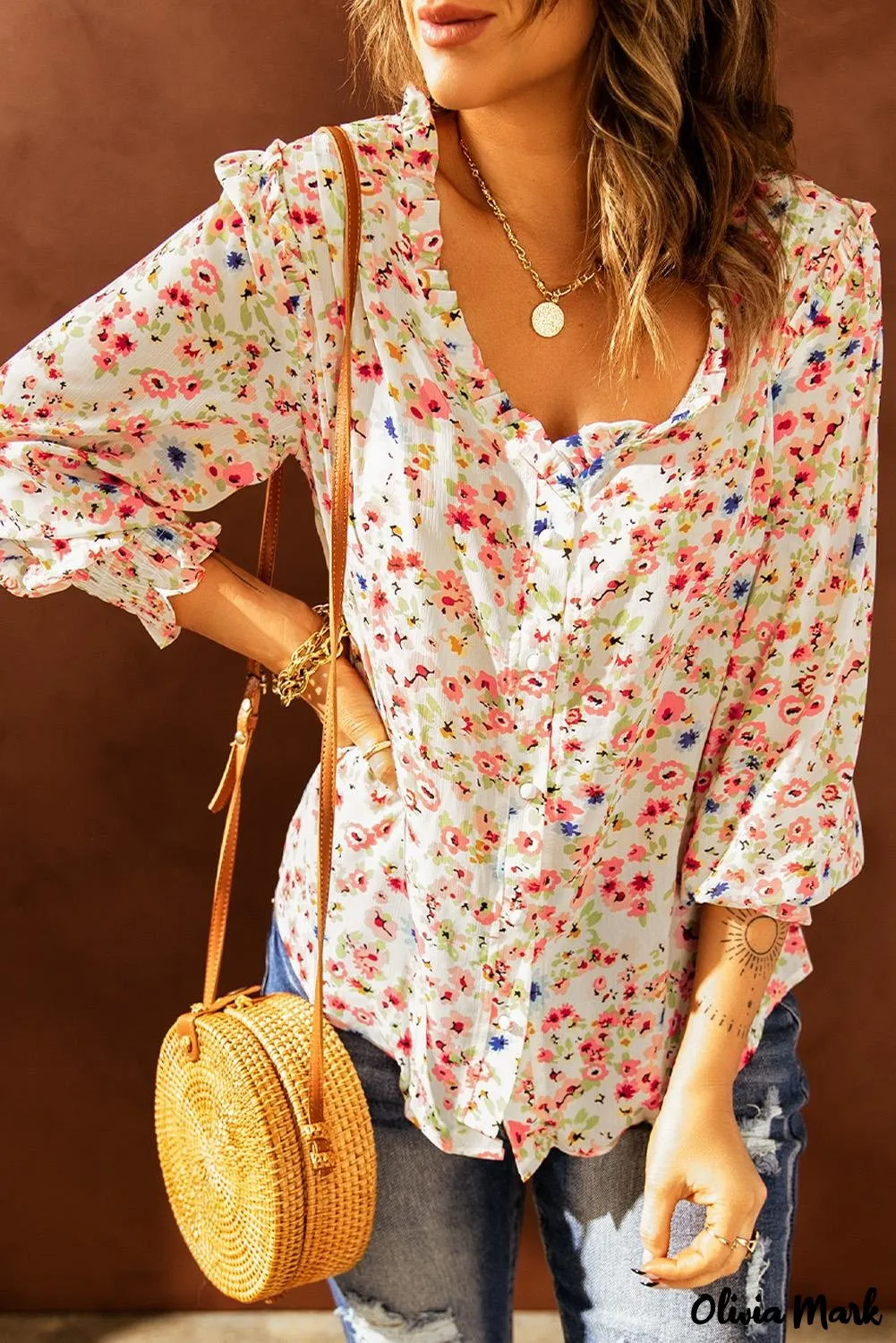 Xieyinshe - Floral Print V-Neck Long Sleeve Shirt