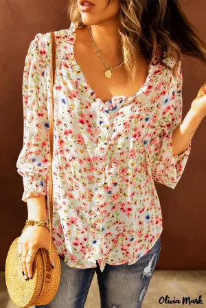 Xieyinshe - Floral Print V-Neck Long Sleeve Shirt