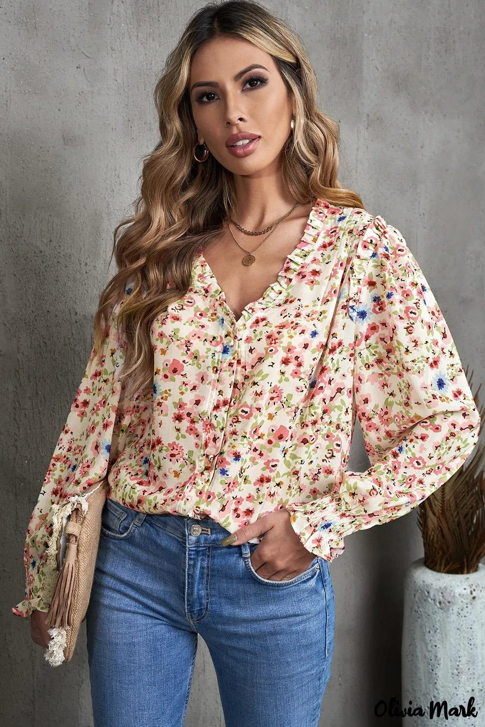 Xieyinshe - Floral Print V-Neck Long Sleeve Shirt