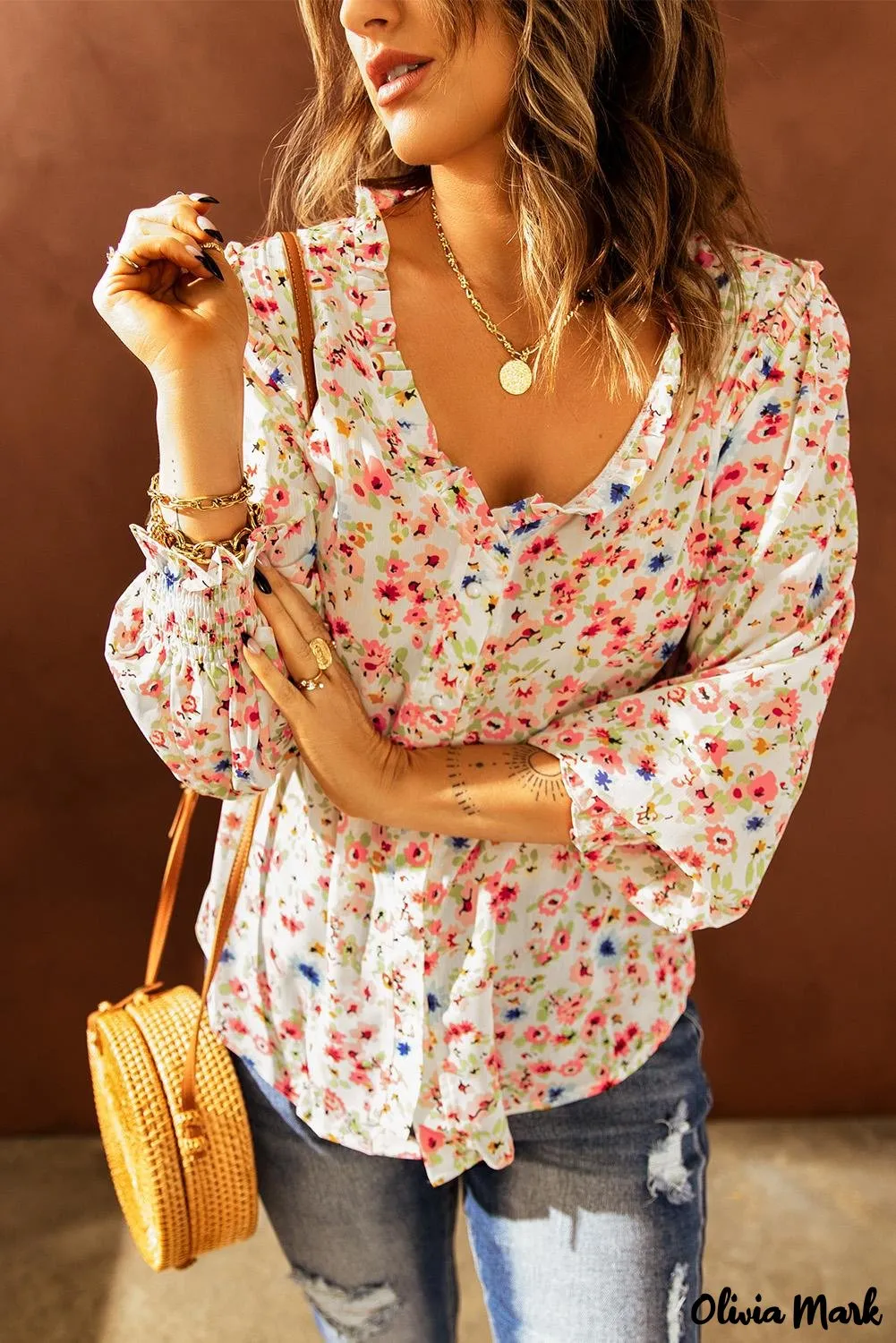 Xieyinshe - Floral Print V-Neck Long Sleeve Shirt
