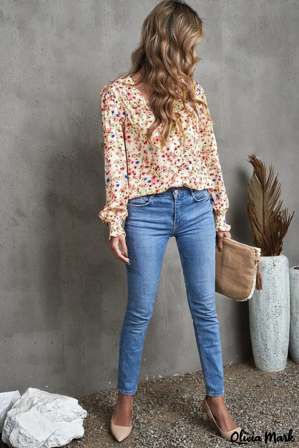 Xieyinshe - Floral Print V-Neck Long Sleeve Shirt