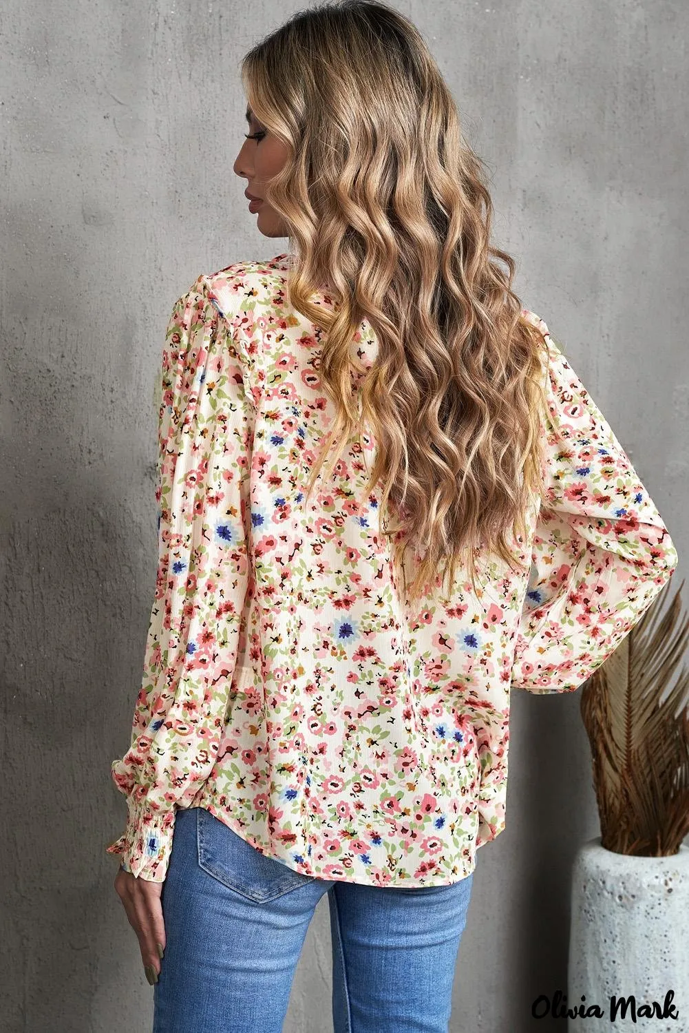 Xieyinshe - Floral Print V-Neck Long Sleeve Shirt