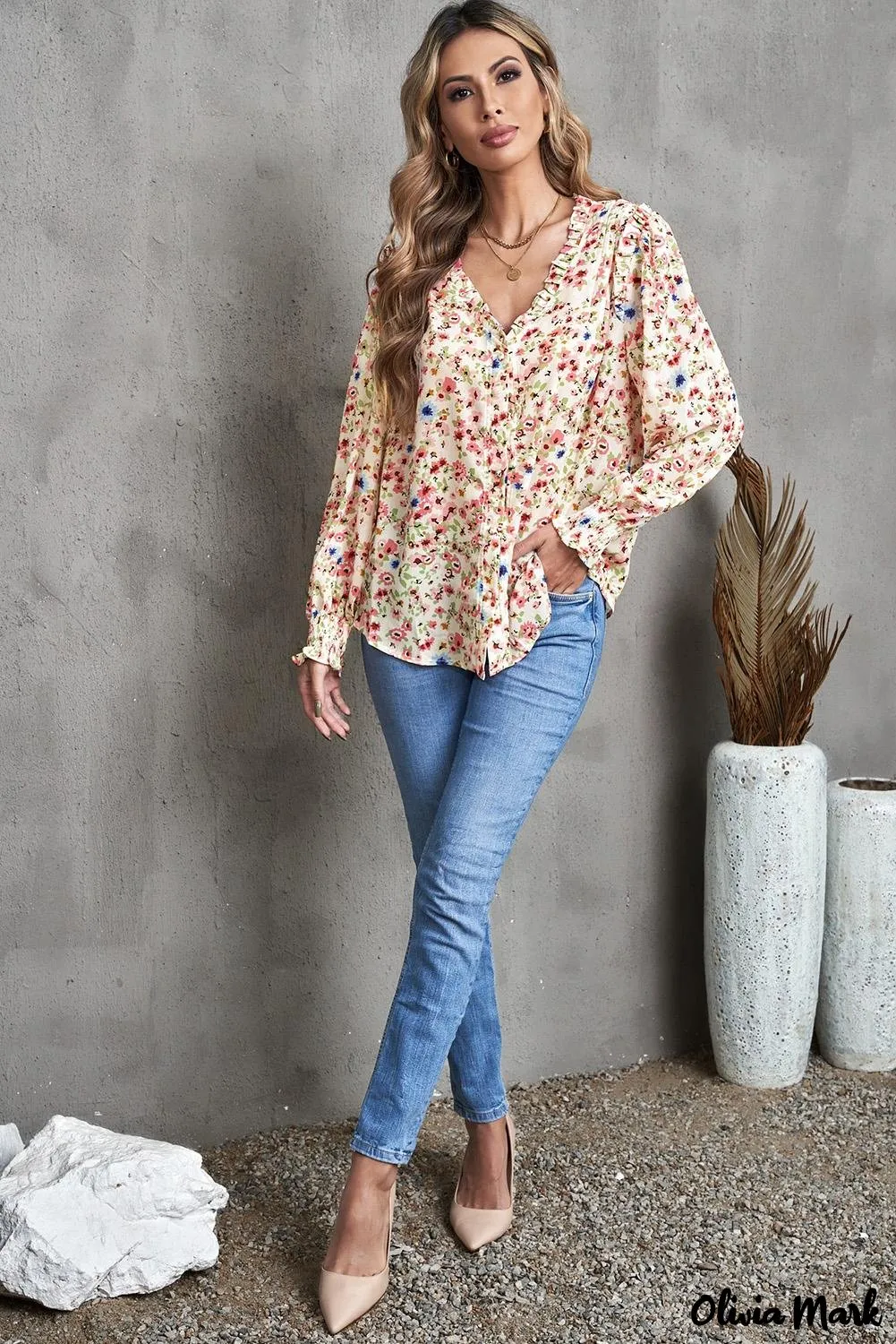Xieyinshe - Floral Print V-Neck Long Sleeve Shirt