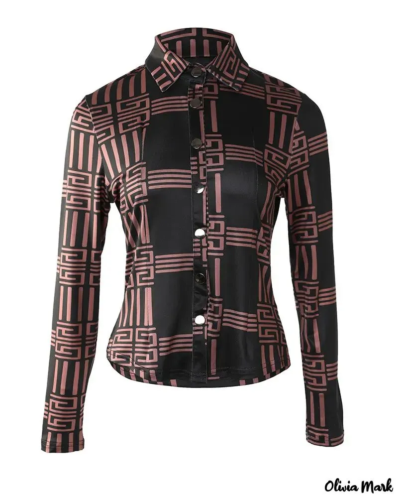 Xieyinshe - Geometric Print Long Sleeve Button Down Shirt