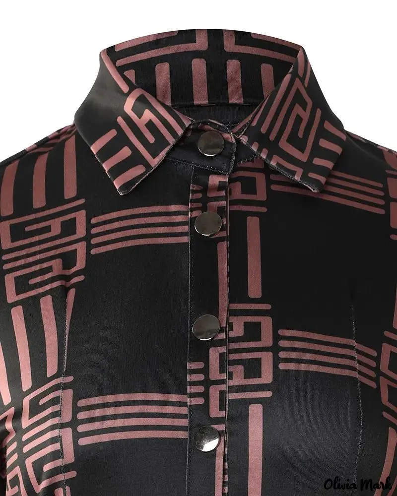 Xieyinshe - Geometric Print Long Sleeve Button Down Shirt