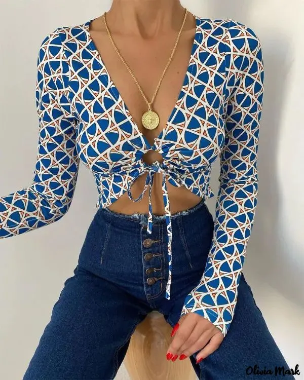 Xieyinshe - Geometric Print Long Sleeve Tied Crop Top